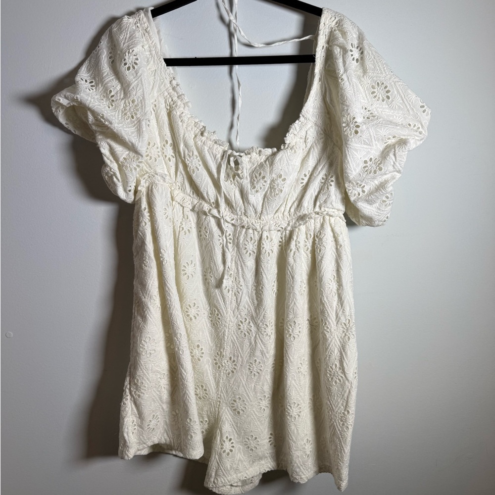 Pilcro White Eyelet Romper Puff Sleeve‎ Cotton Cottagecore Anthropologie L